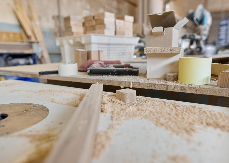 Close-up of wood shop table